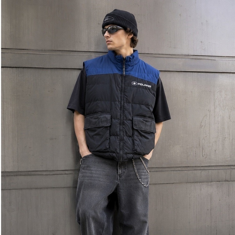 VTG PURE Polaris Puffy Vest Black Blue Duck Down Feathers Mens Size XL RARE